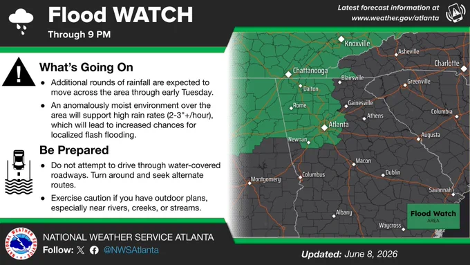 A graphic highlighting the flood watch area on the right. Detailed information about the watch on the left includes what the expected conditions are as well as important safety tips when dealing with flooding. 