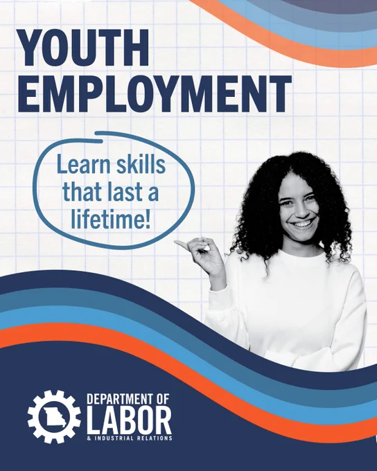 Youth employment advertisement encouraging skill development for lasting impact, showing a teen gesturing beside the slogan and labor department logo.