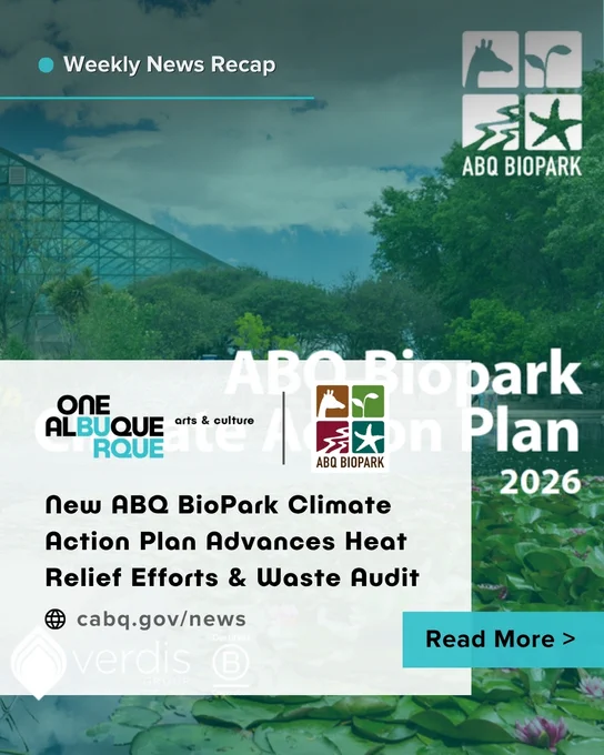 A large pond and fountain at the BioPark Botanic Garden is pictured with an opaque blue overlay on it and the words 'ABQ BioPark Climate Action Plan'.