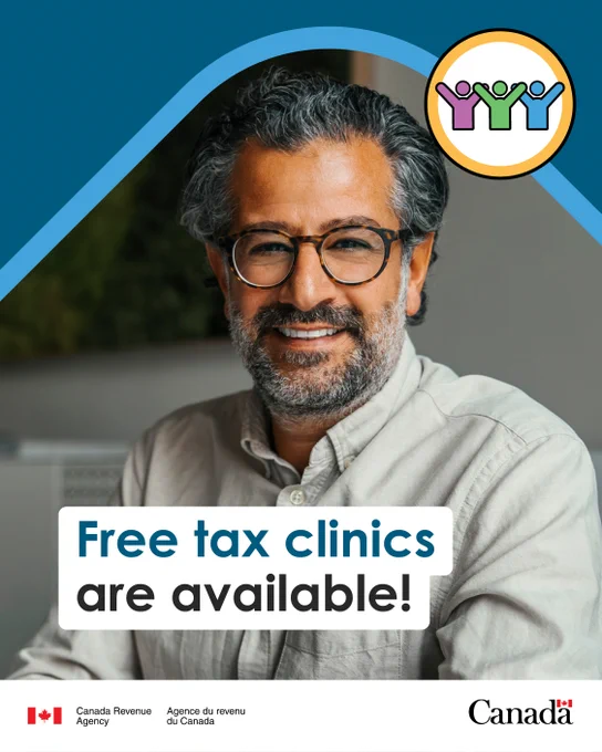 A smiling volunteer outlined by a blue diamond. The text: “Free tax clinics are available”.