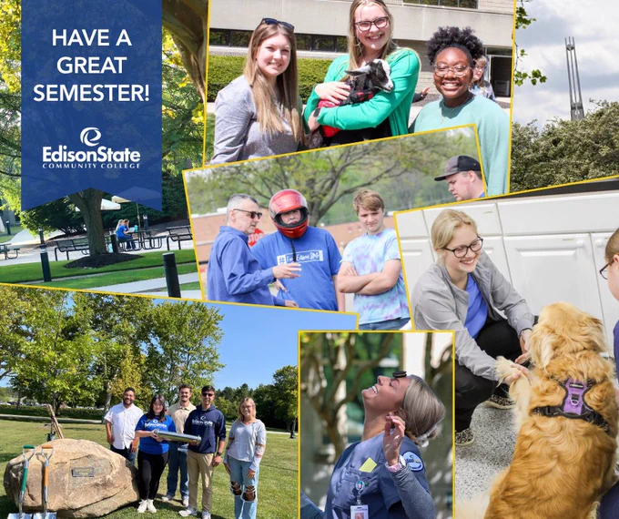 A photo collage of students at Edison State engaging in various activities including holding a dog and socializing outside.