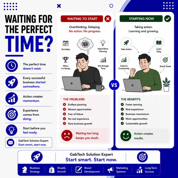 WAITING FOR THE PERFECT TIME?

The perfect time doesn't exist.
Every successful business started before it felt ready.
📩 Oriola Gabriel Olamide
GabTech Solution Expert — Start smart, start now.

#Dropshipping #Ecommerce #Shopify #OnlineBusiness #GabTechSolution #BusinessGrowth #Entrepreneur #SuccessMindset #StartNow
