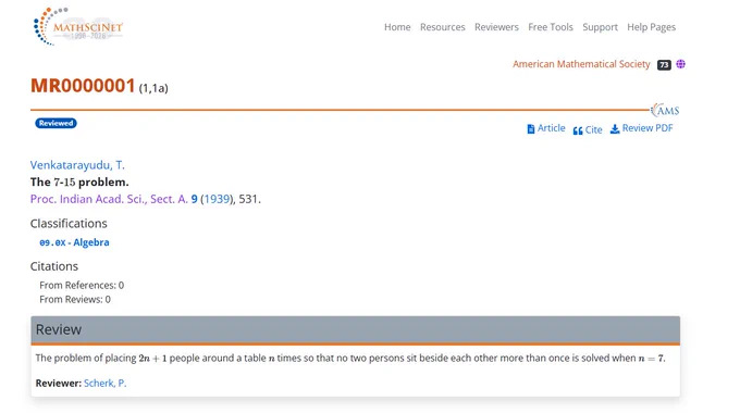 MathSciNet review page showing MR0000001, including citation and reviewer details.