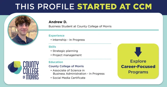 Business student Andrew D. from County College of Morris with internship experience and skills in strategic planning and project management showing on a LinkedIn style profile.