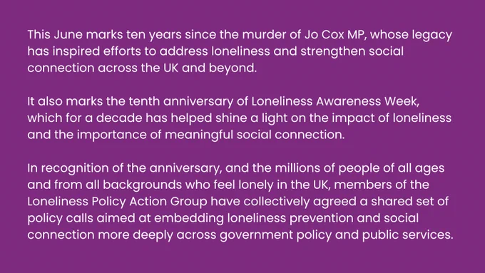 Purple background with white text commemorating ten years since Jo Cox MP's murder and promoting Loneliness Awareness Week.