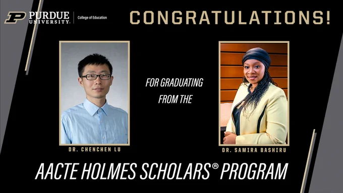 2 smiling PhD students   congratulatory text about graduating from Holmes Scholar program