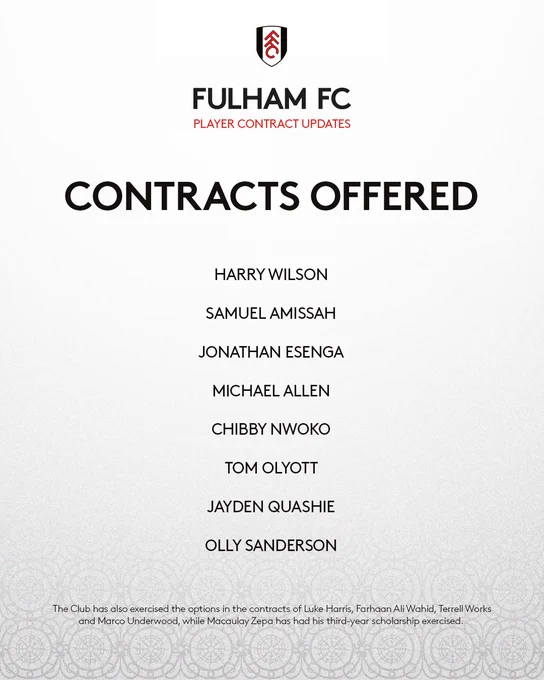 Contracts offered:

Harry Wilson
Samuel Amissah
Jonathan Esenga
Michael Allen
Chibby Nwoko
Tom Olyott
Jayden Quashie
Olly Sanderson