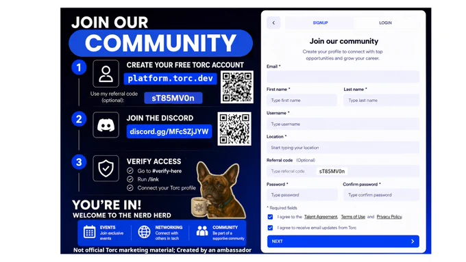 1. Sign up for a free account on torc 
https://platform.torc.dev
Optionally use my referral code:
sT85MV0n
2. Join the discord 
https://discord.gg/MFcSZjJYW
- Go to the #verify-here channel
- use /link to connect your Torc Profile
