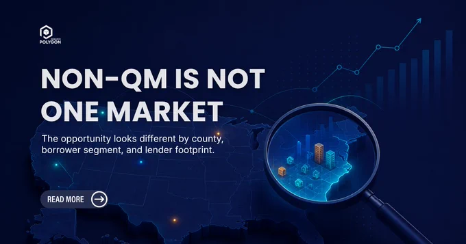 Non-QM mortgage market graphic showing local opportunity by county, borrower segment, and lender footprint.