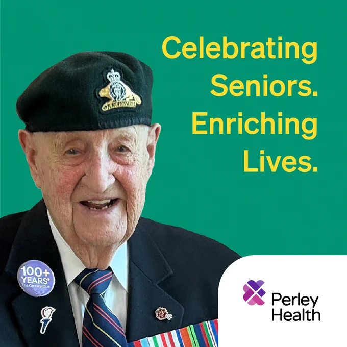 Elderly veteran wearing a beret and medals, with text celebrating seniors and enriching lives by Perley Health.