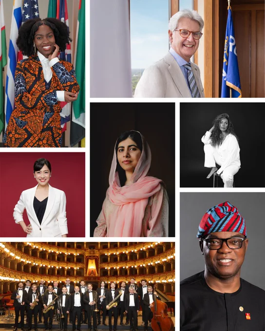Collage of featured speakers and performers for the Rotary International Convention. The collage includes portraits of a young spoken-word poet standing in front of international flags, Rotary International President Francesco Arezzo, Nobel Peace Laureate Malala Yousafzai, singer and humanitarian Leona Lewis, host Betty Chen, Rotary International President-elect Olayinka Hakeem Babalola, and a large jazz ensemble posing on a theater stage. The images are arranged in a modern grid layout against a white background.