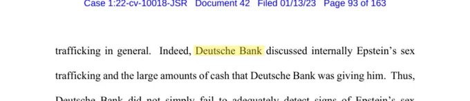 Federal court filing Case 1:22-cv-10018-JSR page 93 stating Deutsche Bank detected signs of Epstein sex trafficking and continued to participate