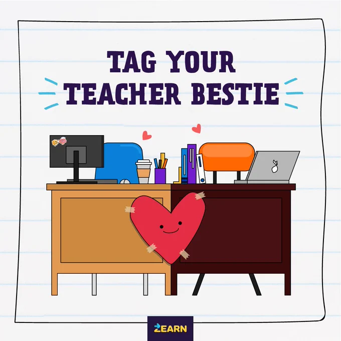 Illustration of two desks side by side, one with an apple and coffee cup, and the other with a laptop and books. A smiling heart with arms stretches between the desks. The text reads, "Tag Your Teacher Bestie." 