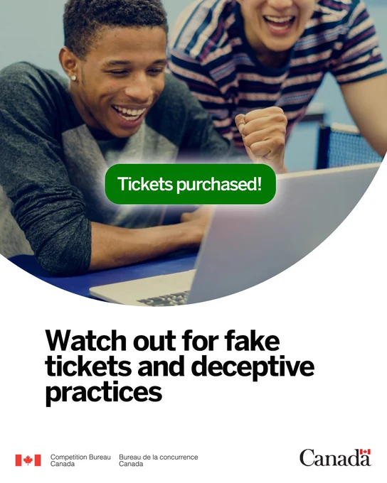 Two young men cheering and smiling while looking at a laptop screen. Text in image: Tickets purchased!  Watch out of fake tickets and deceptive practices.