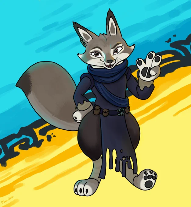 Fanart of Zhen, a corsac fox, from Kung fu panda 4 standing against a blue and orange background which references one of the screen split scenes from the movie. 