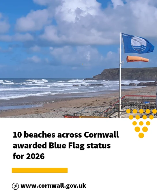 Cornwall beaches awarded Blue Flag status for 2026, with a view of the sea and a Blue Flag flying.