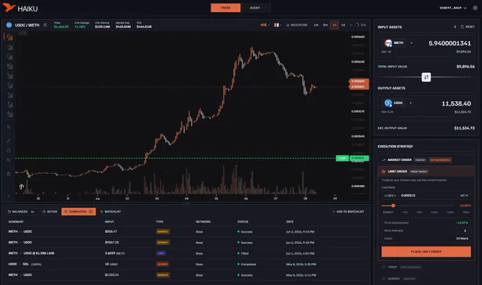 On-chain limit order interface with price target, auto-retry, 24h expiry, and price improvement tracking on USDC/WETH pair