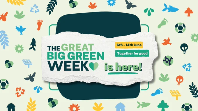 Colourful eco-themed icons surround a torn paper announcing The Great Big Green Week from 6th to 14th June, promoting unity for environmental good.