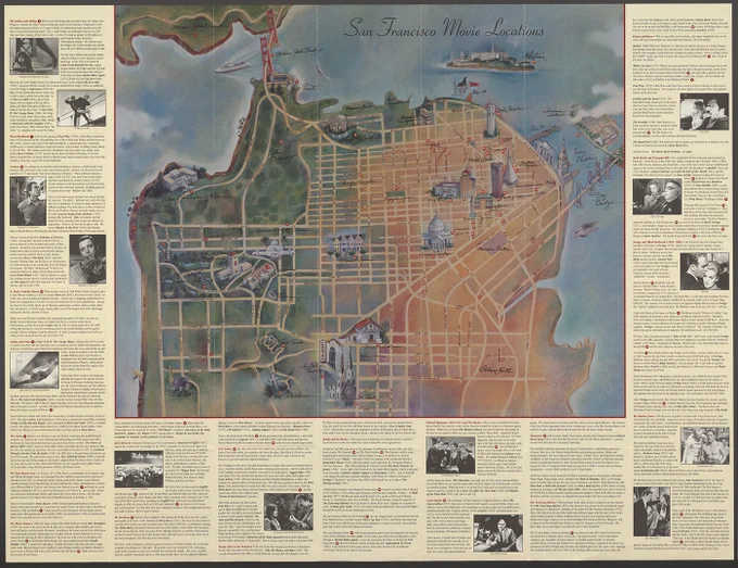 Map showing movie locations in San Francisco, with callouts along the sides and bottom.