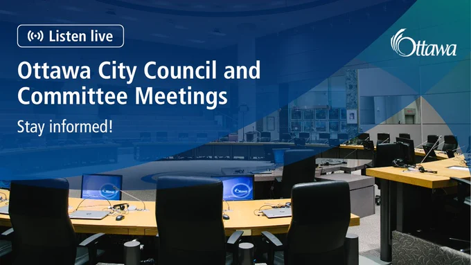 In the background, an empty City of Ottawa Council room. Overlayed is a blue text circle with Listen Live on the top right corner.
In white text: "Ottawa City Council and Committee Meetings"