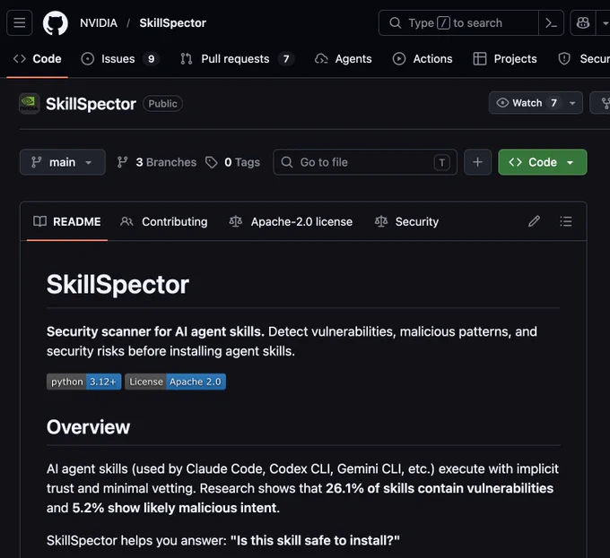 Captura del repositorio de GitHub de NVIDIA llamado “SkillSpector”, una herramienta open source para analizar la seguridad de skills de agentes de IA antes de instalarlas. En el README se destaca que detecta vulnerabilidades, patrones maliciosos y riesgos de seguridad. GitHub en modo oscuro, porque hasta las skills sospechosas prefieren actuar de noche.