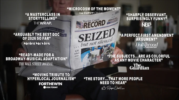 A promotional image for the film 'Seized' in which an individual is seated, holding a newspaper titled 'Marion County Record' with the headline 'Seized, but not silenced.' The image is overlaid with various positive reviews from well-known entities like The Wrap, The Guardian, Hollywood Reporter, and USA Today, praising the storytelling and impact of the film.