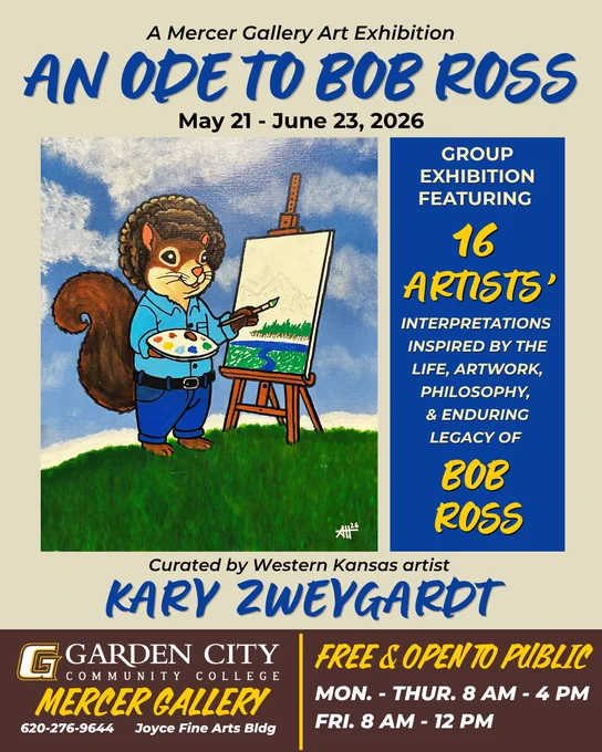 Illustration of a squirrel painting a landscape on an easel, promoting 'An Ode to Bob Ross' art exhibition at Mercer Gallery from May to June 2026.