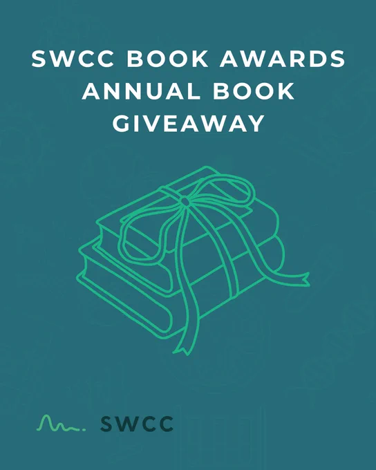 Graphic reading "SWCC Book Awards Annual Book Giveaway" with a green line-art illustration of books tied with a ribbon, on a teal background. SWCC logo bottom left.