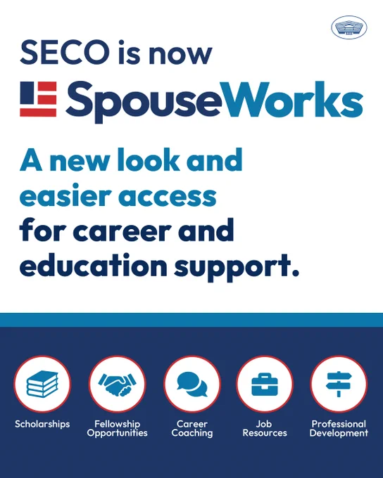 Graphic announcing that SECO is now SpouseWorks. Text reads, “SECO is now SpouseWorks. A new look and easier access for career and education support.” Along the bottom are icons representing scholarships, fellowship opportunities, career coaching, job resources and professional development. 