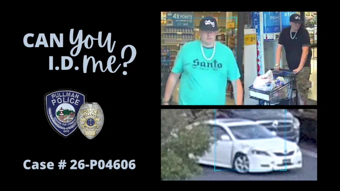 Surveillance photos of tall, white male. In both photos, he is wearing a black "Lrg" cap, a white necklace, and a watch on his right wrist. Surveillance photo of white Toyota car is also included.