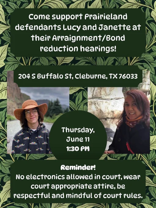 A graphic that displays the information for court support happening on Thursday, June 11 in Cleburne, Texas. The background is an artwork with a bunch of leaves with different shades of green on a black background and in the foreground are two photos of the defendants. To the left is a photo of Lucy in a mountain range and to the right is Jannete next to some penguins in the zoo.