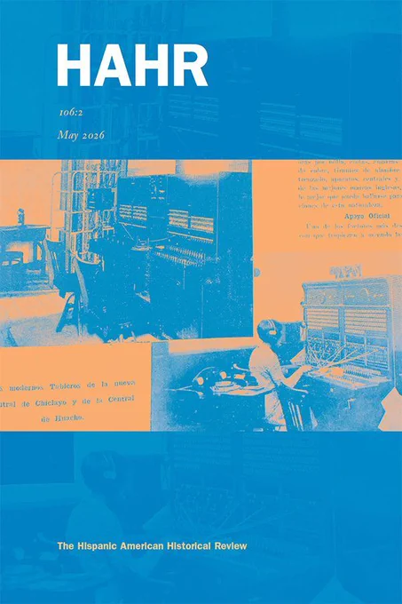 Journal cover with blue and orange collage of historic switchboards and operators beneath Hispanic American Historical Review title