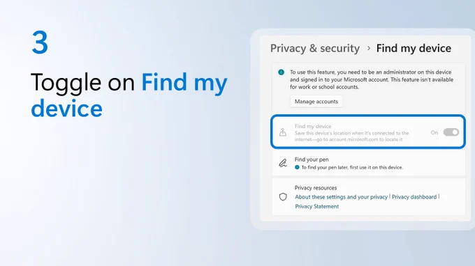 Text beside partial screenshot of Find my device settings says toggle on find my device.