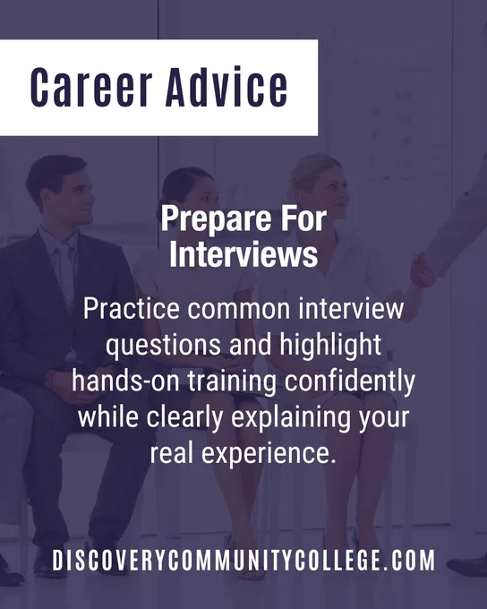 Several job candidates sit in a waiting area during an interview process while text shares career advice about practicing interview questions and confidently discussing practical training experience.