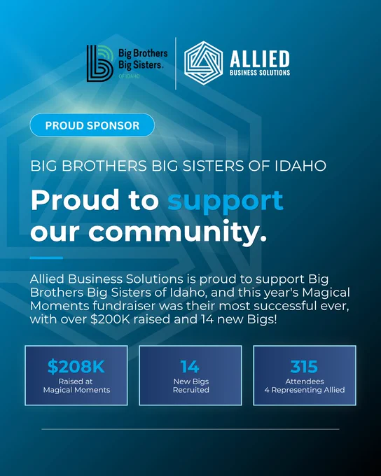 Allied Business Solutions highlights their sponsorship of Big Brothers Big Sisters of Idaho, showcasing their successful fundraising efforts and community involvement.