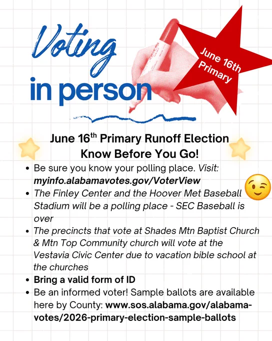 Hand holding red marker writing 'Voting in person' with June 16th Primary star, details on Alabama runoff election polling places and ID requirements.