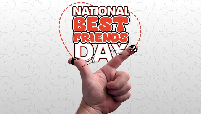 Graphic celebrating National Best Friends Day. A hand makes a finger-gun gesture, with cartoon faces and arms drawn on the tips of the thumb and index finger to look like two friends reaching out to hold hands. The text reads "National Best Friends Day" in bold red and white letters inside a stitched red heart outline, set against a gray background patterned with the word "BEST" in a faint outline font.