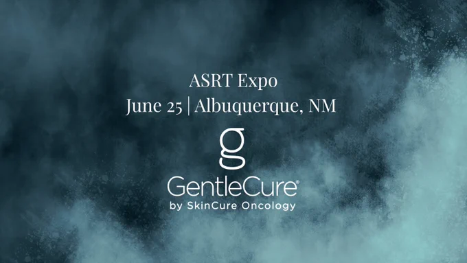 The image has a textured blue background. Text reads, "ASRT Expo, June 25, Albuquerque, New Mexico" and features the GentleCure by SkinCure Oncology logo.