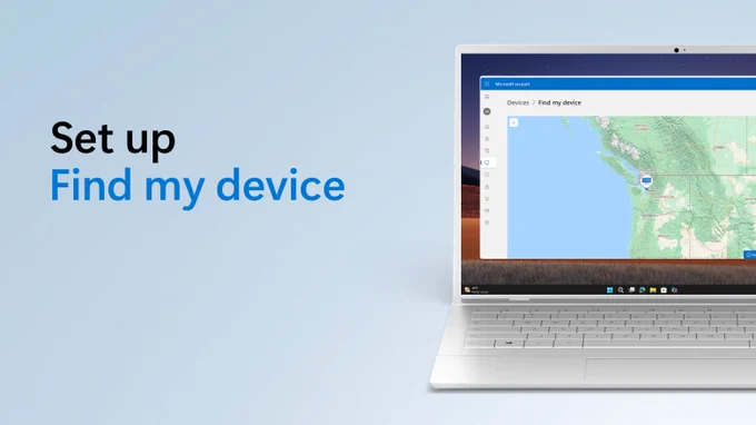 Text beside a device render of a Windows laptop with the Find my device page open says set up find my device.