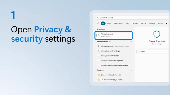 Text beside partial screenshot of the Windows 11 Start menu says open privacy & security settings. 