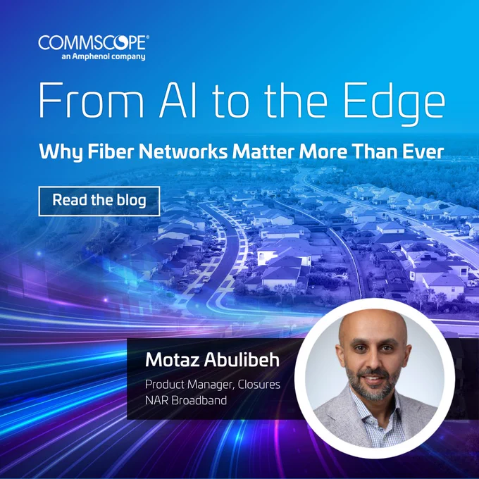 Blue-toned digital graphic showing a suburban neighborhood with fiber optic light trails and text promoting a blog on AI and fiber networks by CommScope.