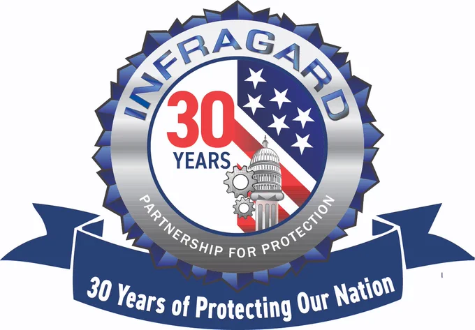 Infragard 30th anniversary emblem featuring the U.S. Capitol, gears, and stars with the motto 'Partnership for Protection'.