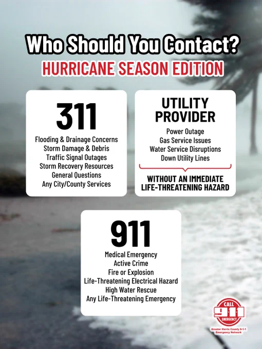Contact 311 for flooding, storm damage, traffic outages, and general city or county services during hurricane season. all your utility provider for power outages, gas issues, water disruptions, and downed utility lines unless there's immediate danger. 9-1-1 is for life-threatening emergencies.