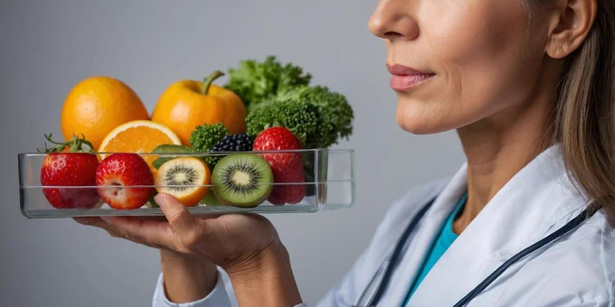 A person in a white coat holds a clear glass tray with assorted fruits and vegetables, including oranges, strawberries, kiwi, broccoli, and blackberries.
