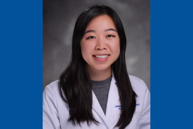 Headshot of Christina Huang, MD, MS, on blue background
