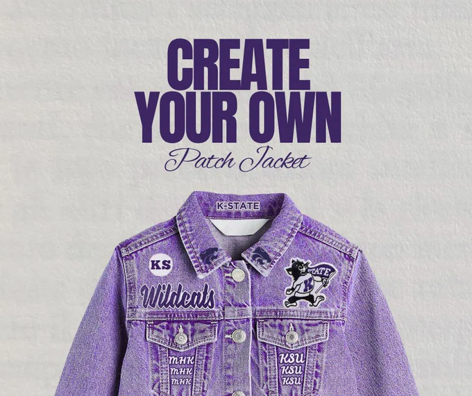 K-State themed purple denim jacket with various patches, including a Kansas State University logo and a Wildcat mascot. Text above reads "Create Your Own Patch Jacket.