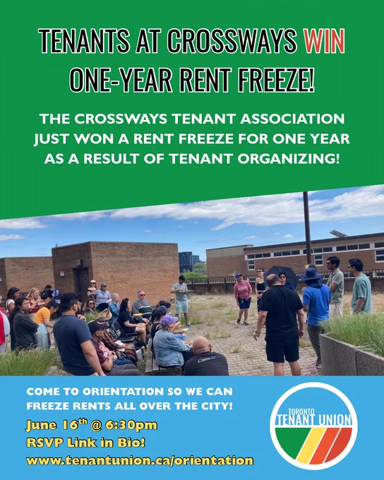 Digital flyer announcing info on rent freeze and invitation to June 16th orientation.