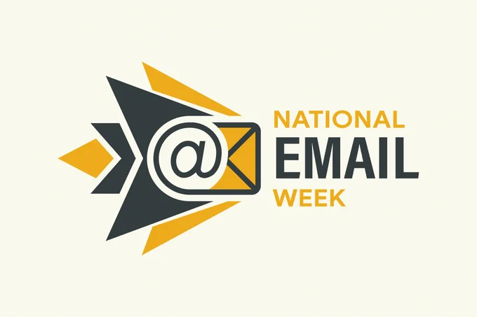 Graphic featuring an envelope with an @ symbol and bold text reading National Email Week in black and orange.