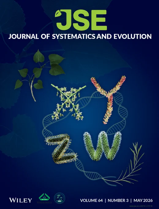 Cover of the May issue of JSE. Catkins of poplar and willow are arranged as XY and ZW, symbolizing the repeated turnover of sex chromosome systems in Salicaceae. Poplar leaves and willow shoots distinguish the two sister genera, while a pale DNA strand links the four chromosomal forms, representing their shared evolutionary history. Illustrated by Tao Ma, Deyan Wang, and Xiaogang Dai.