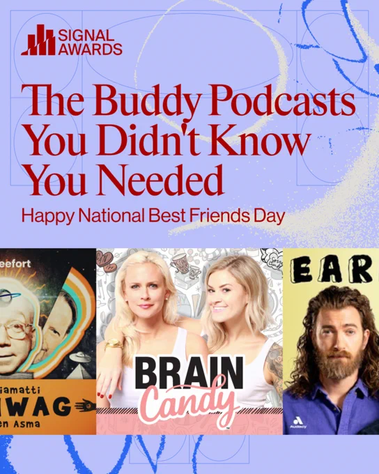 A promotional image featuring buddy podcasts in celebration of National Best Friends Day. It includes visual elements from various podcast covers, emphasizing friendship and fun.
